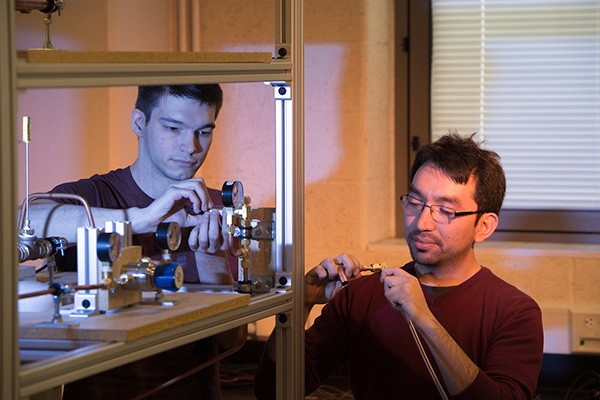 Sebastian Araya works with a fellow student in a Villanova engineering lab.